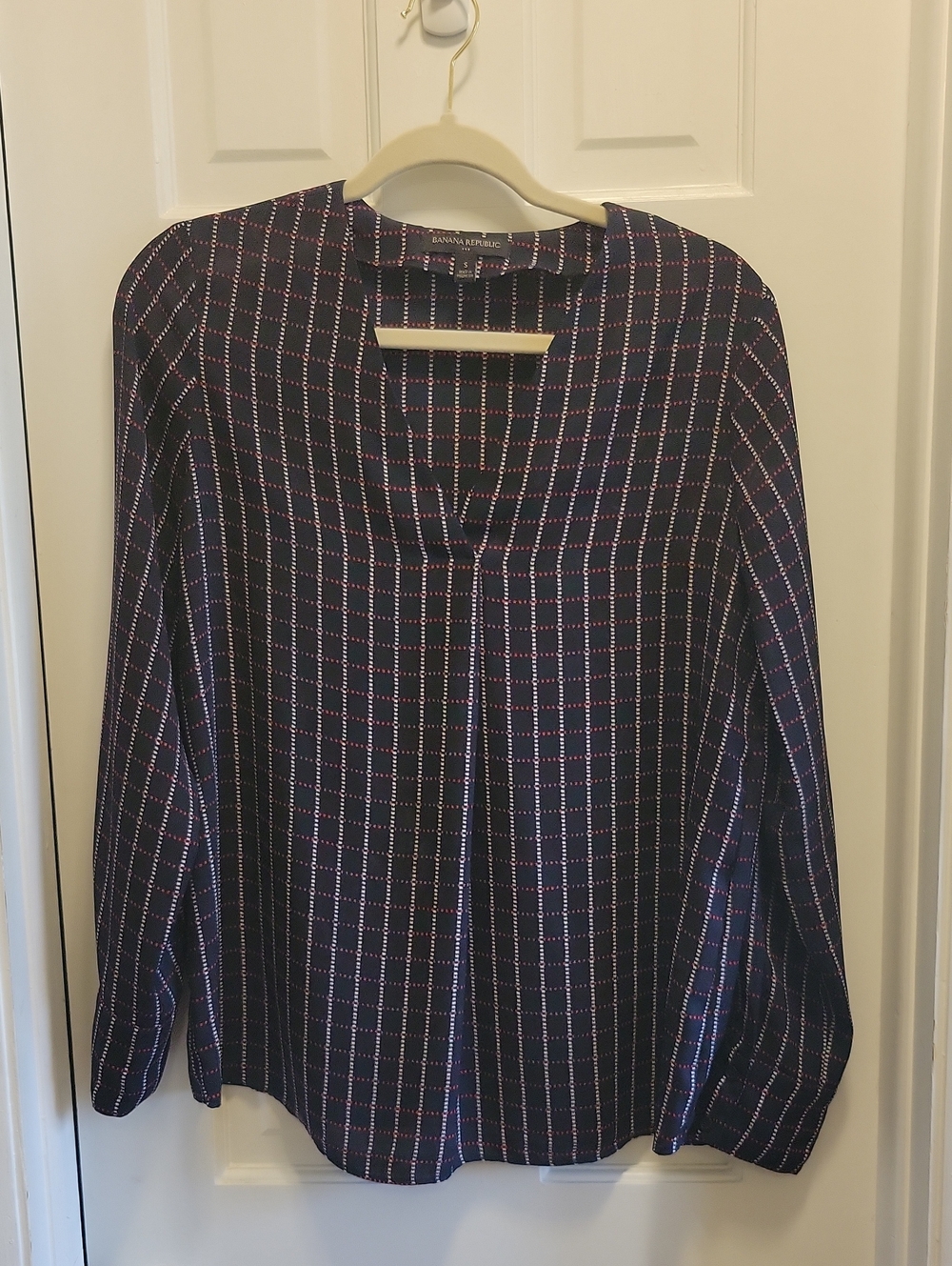 Banana Republic Navy Checked V-Neck Blouse with Red Accents